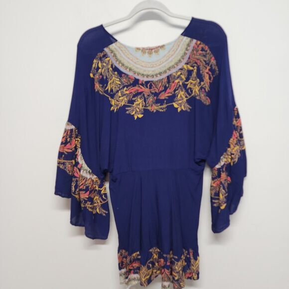 Free People Bohemian Tunic Top Size S V-Neck High Low Flare Sleeve Sunset Dreams - Picture 16 of 16